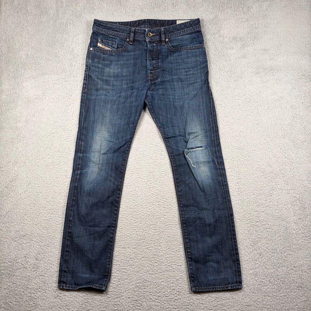 Diesel Buster Regular Slim-Tapered Jeans Mens 30 Dark Wash Distressed Button Fly